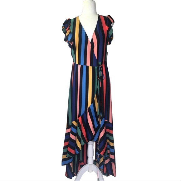 NWT Tyche Multi Color Striped Wrap Maxi Dress Sz M - Picture 1 of 16